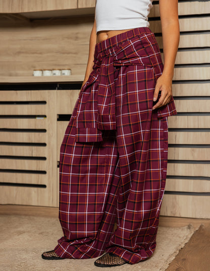 Plaid Tie Pants - Burgundy