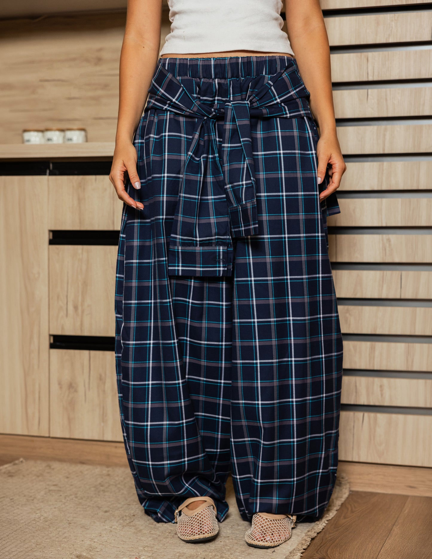 Plaid Tie Pants - Navy