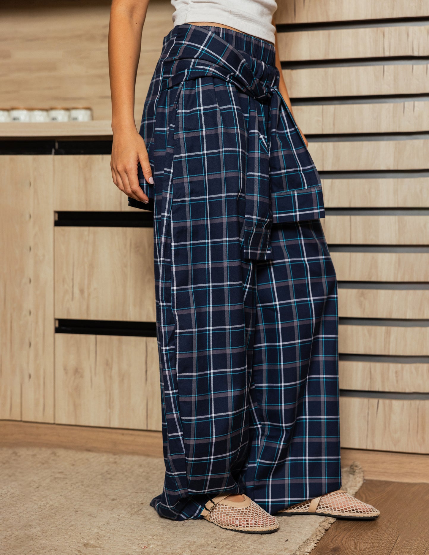 Plaid Tie Pants - Navy