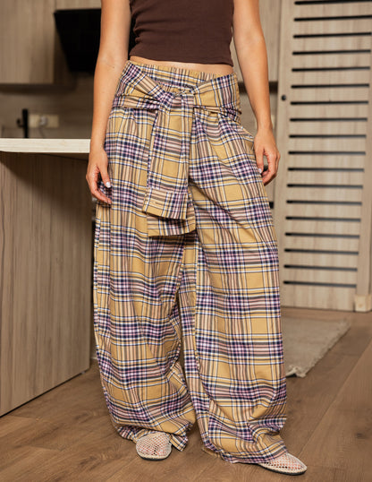Plaid Tie Pants - Mustard