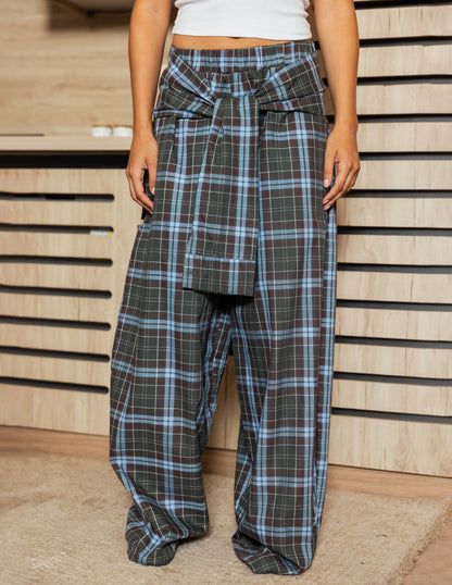 Plaid Tie Pants - Olive