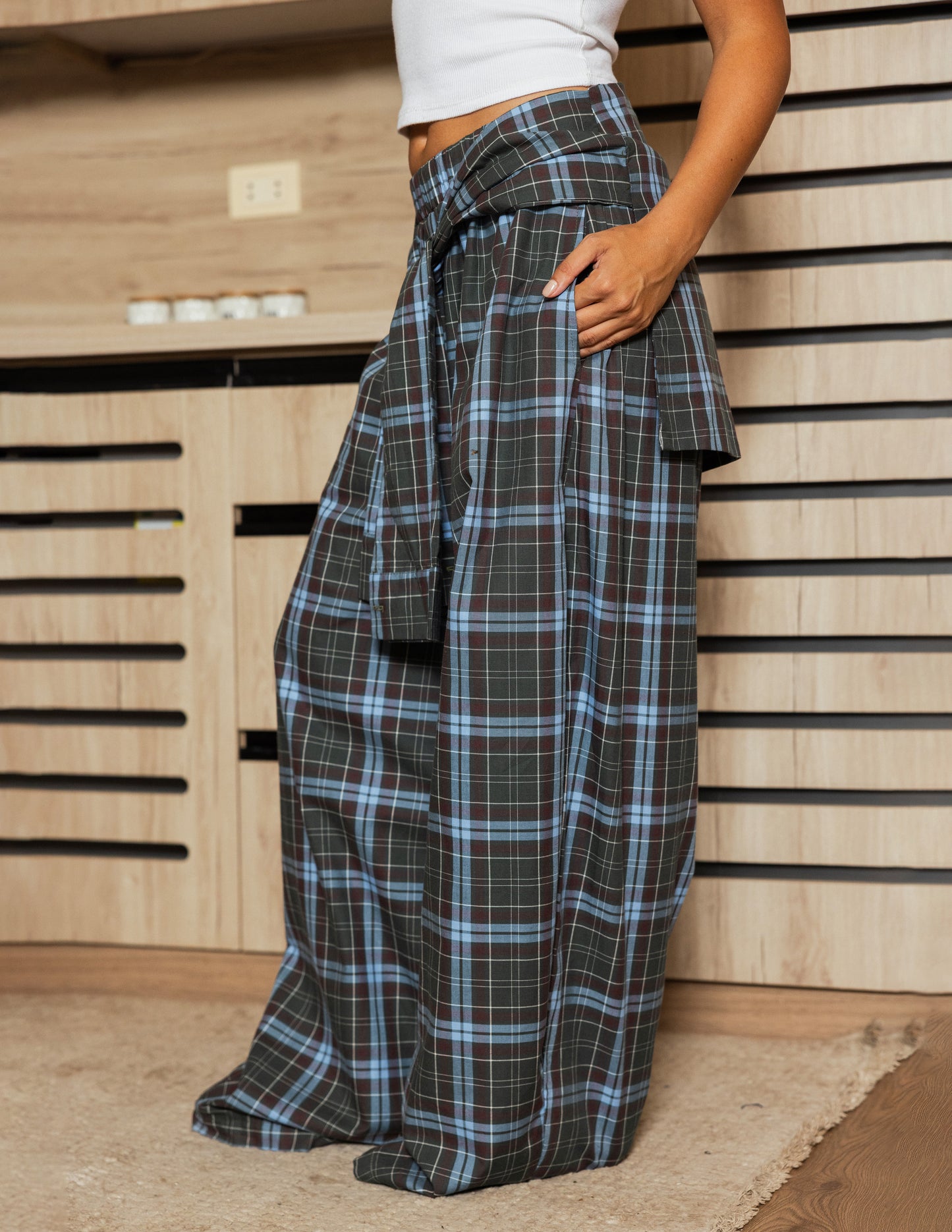 Plaid Tie Pants - Olive
