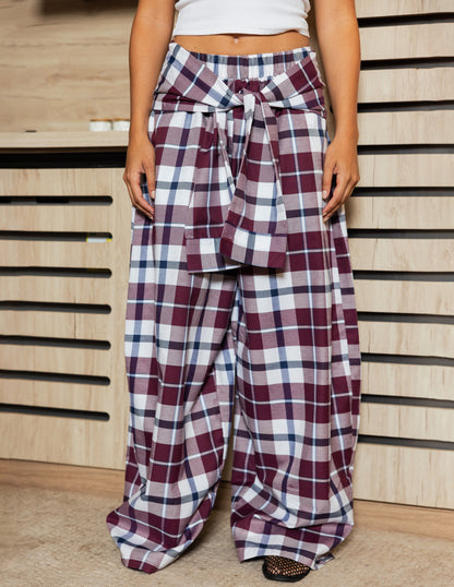 Plaid Tie Pants - Deep Berry