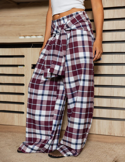 Plaid Tie Pants - Deep Berry