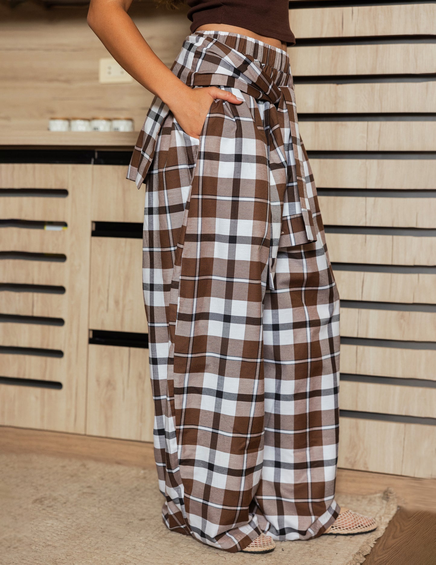 Plaid Tie Pants - Mocha