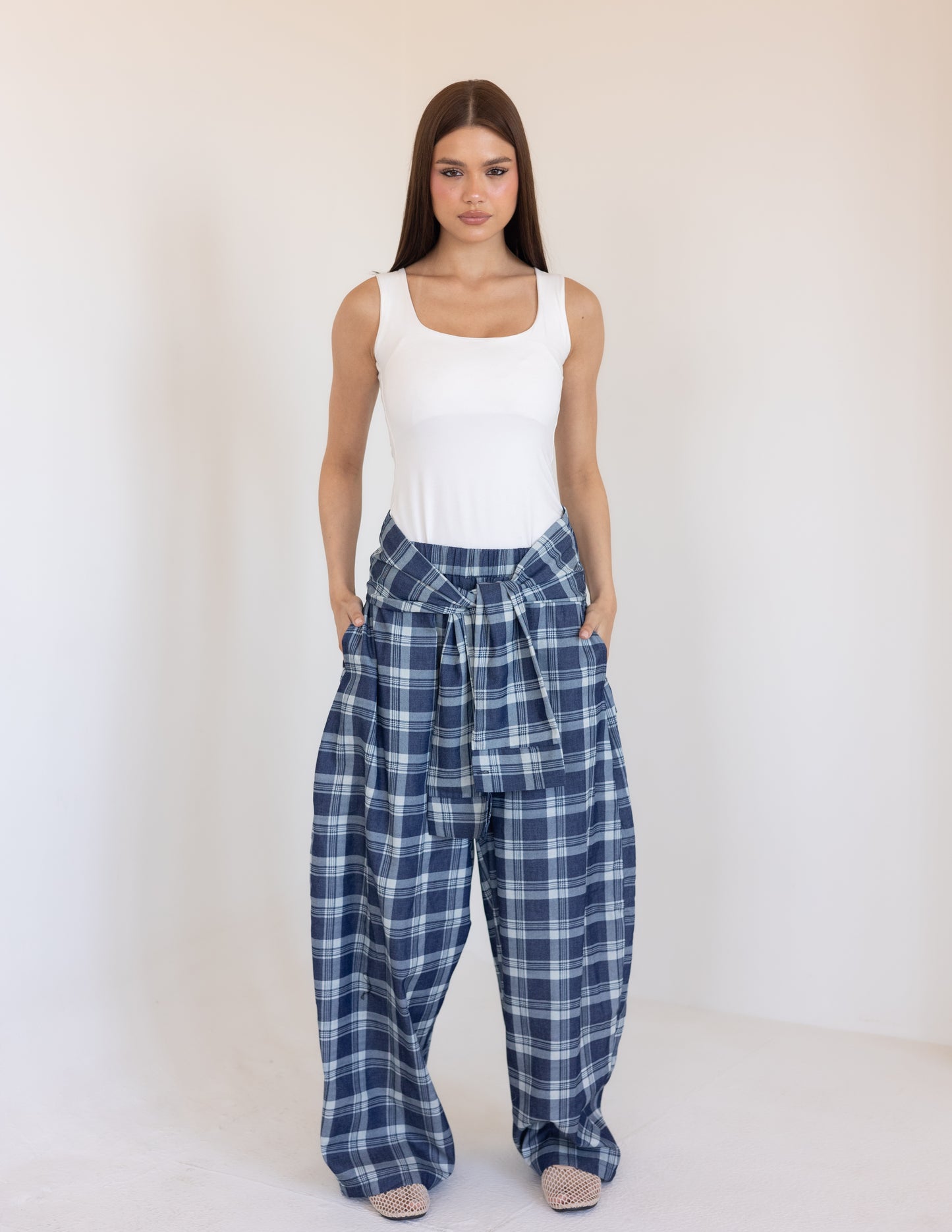 Plaid Tie Pants - Blue
