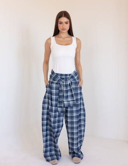 Plaid Tie Pants - Blue