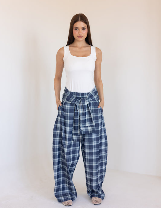Plaid Tie Pants - Blue