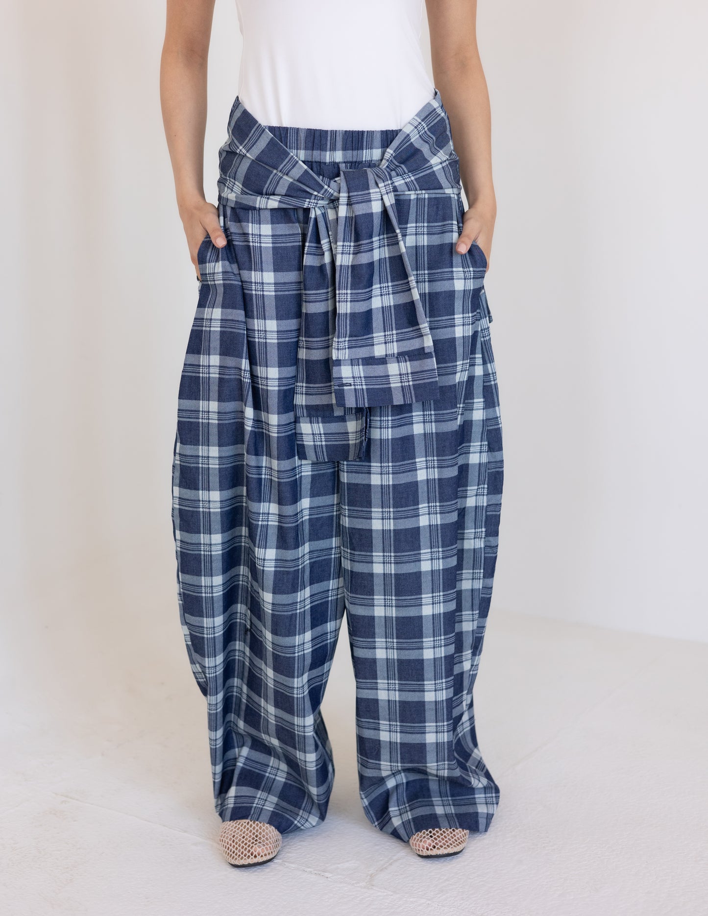 Plaid Tie Pants - Blue