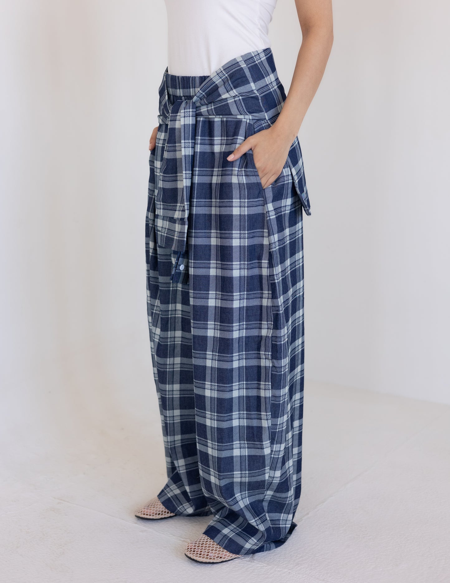 Plaid Tie Pants - Blue