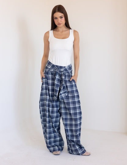 Plaid Tie Pants - Blue