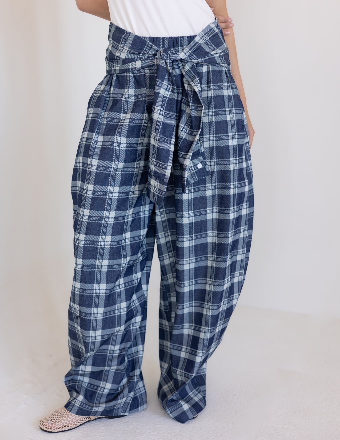 Plaid Tie Pants - Blue