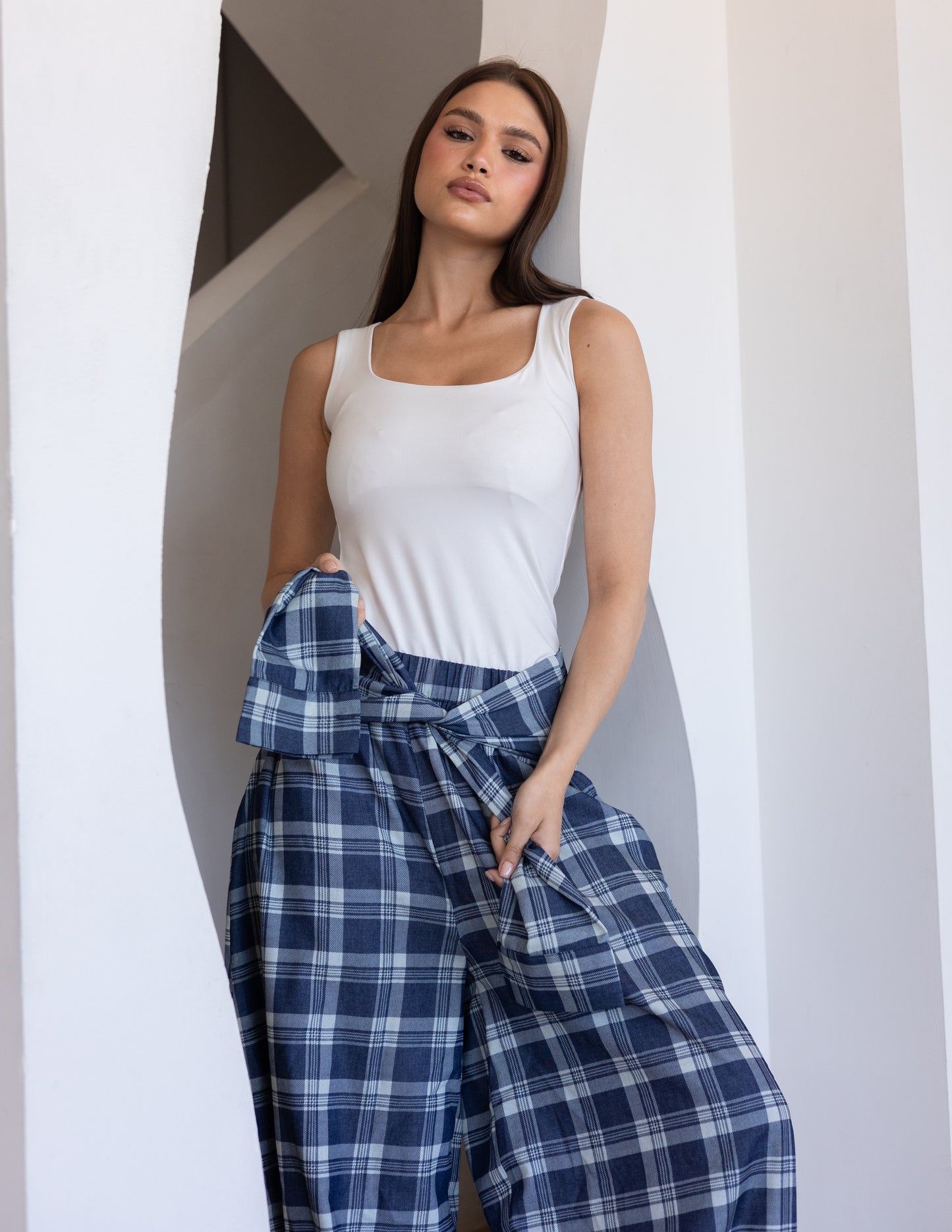 Plaid Tie Pants - Blue