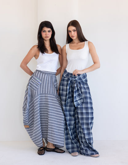 Plaid Tie Pants - Blue