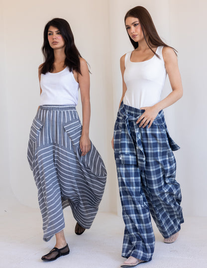 Plaid Tie Pants - Blue