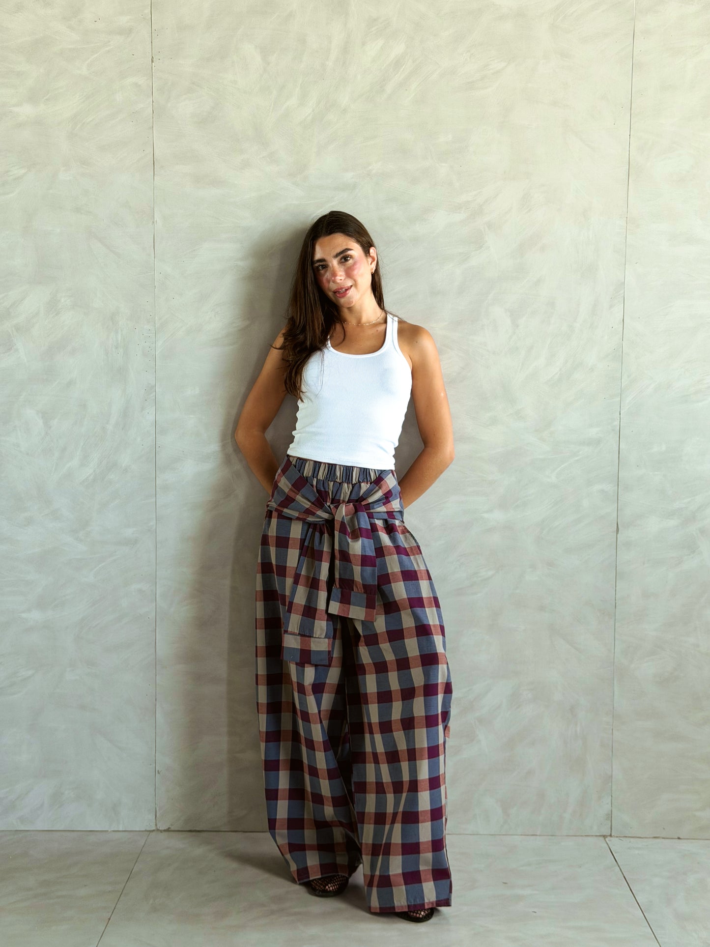 Plaid Tie Pants - Red